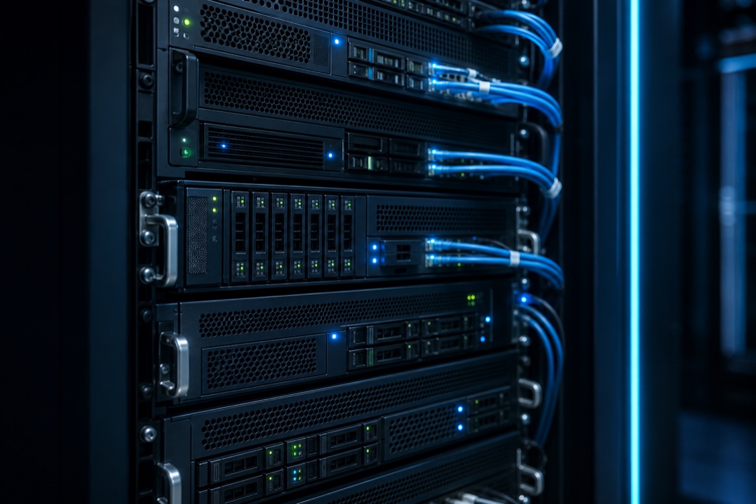 Dell and HP rackmount servers with network cables in a data center